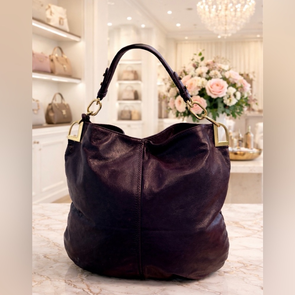 BADGLEY MISCHKA VINTAGE Leather Hobo Shoulder Bag Plum w Gold Hardware RARE GUC